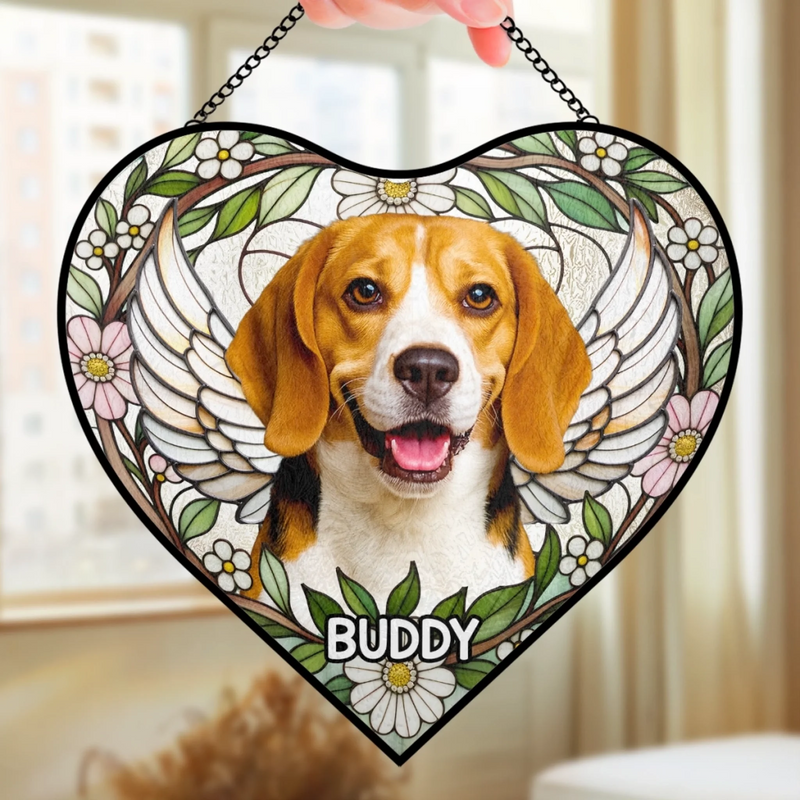 Custom Photo Heart-Shaped Stained Glass Window Suncatcher - Personalized Pet Memorial Sympathy Gifts For Dog Lovers, Cat Lovers - Love Lives On Always