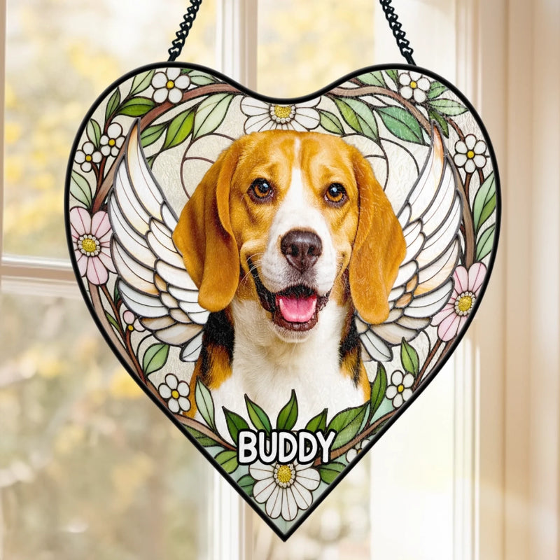 Custom Photo Heart-Shaped Stained Glass Window Suncatcher - Personalized Pet Memorial Sympathy Gifts For Dog Lovers, Cat Lovers - Love Lives On Always