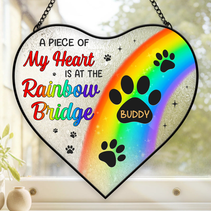 Custom Heart-Shaped Stained Glass Window Suncatcher - Personalized Pet Memorial Sympathy Gifts For Dog Lovers, Cat Lovers - A Piece Of My Heart Is At The Rainbow Bridge