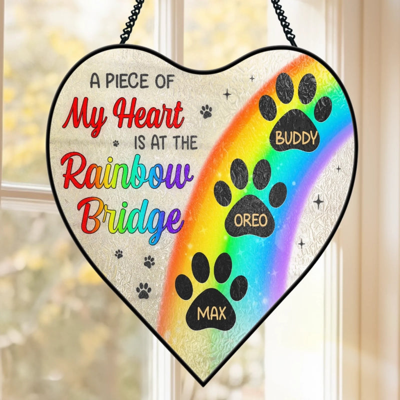 Custom Heart-Shaped Stained Glass Window Suncatcher - Personalized Pet Memorial Sympathy Gifts For Dog Lovers, Cat Lovers - A Piece Of My Heart Is At The Rainbow Bridge