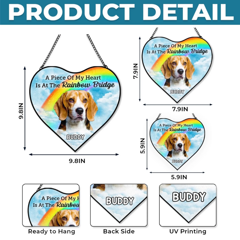 Custom Photo Heart-Shaped Stained Glass Window Suncatcher - Personalized Pet Memorial Sympathy Gifts For Dog Lovers, Cat Lovers - Waiting For Reunion At Rainbow Bridge