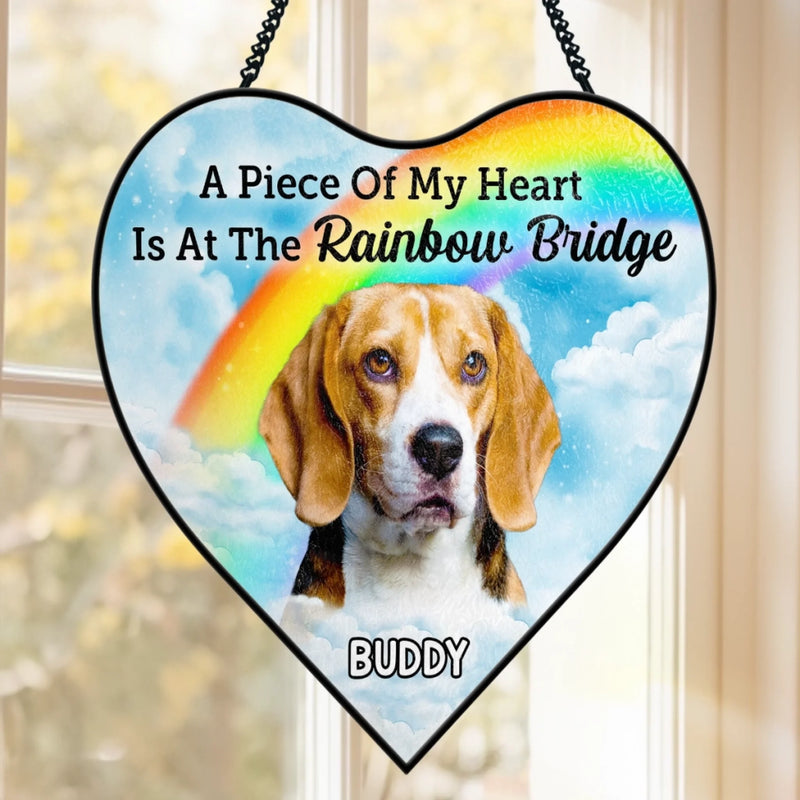 Custom Photo Heart-Shaped Stained Glass Window Suncatcher - Personalized Pet Memorial Sympathy Gifts For Dog Lovers, Cat Lovers - Waiting For Reunion At Rainbow Bridge