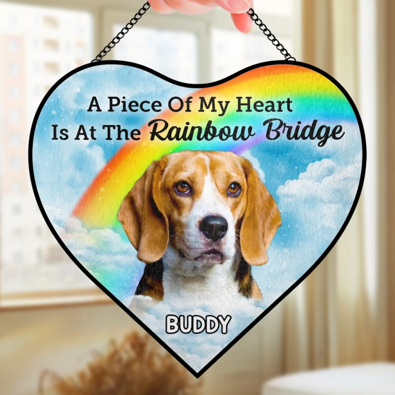 Custom Photo Heart-Shaped Stained Glass Window Suncatcher - Personalized Pet Memorial Sympathy Gifts For Dog Lovers, Cat Lovers - Waiting For Reunion At Rainbow Bridge