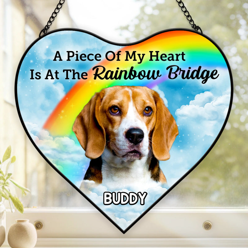 Custom Photo Heart-Shaped Stained Glass Window Suncatcher - Personalized Pet Memorial Sympathy Gifts For Dog Lovers, Cat Lovers - Waiting For Reunion At Rainbow Bridge