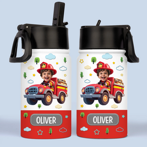 Gourde photo personnalisée pour enfants – Cadeaux de rentrée scolaire personnalisés pour enfants – Un camion de pompiers amusant en perspective