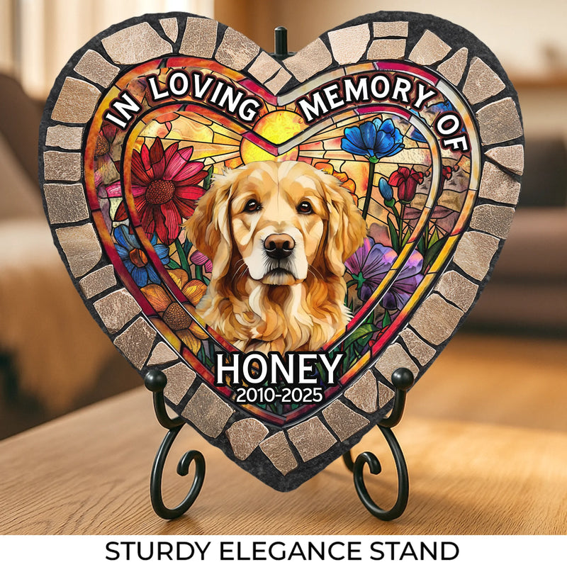 Custom Photo In Loving Memory Of - Memorial Personalized Custom 3D Mosaic Faux Stained Glass Print Heart Shaped Stone With Stand - Sympathy Gift For Pet Owners, Pet Lovers