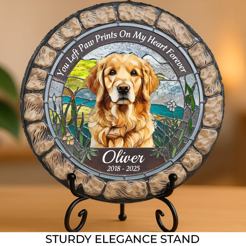 Custom Photo You Left Paw Prints On My Heart Forever - Memorial Personalized Custom 3D Mosaic Faux Stained Glass Print Round Shaped Memorial Stone - Sympathy Gift For Pet Owners, Pet Lovers