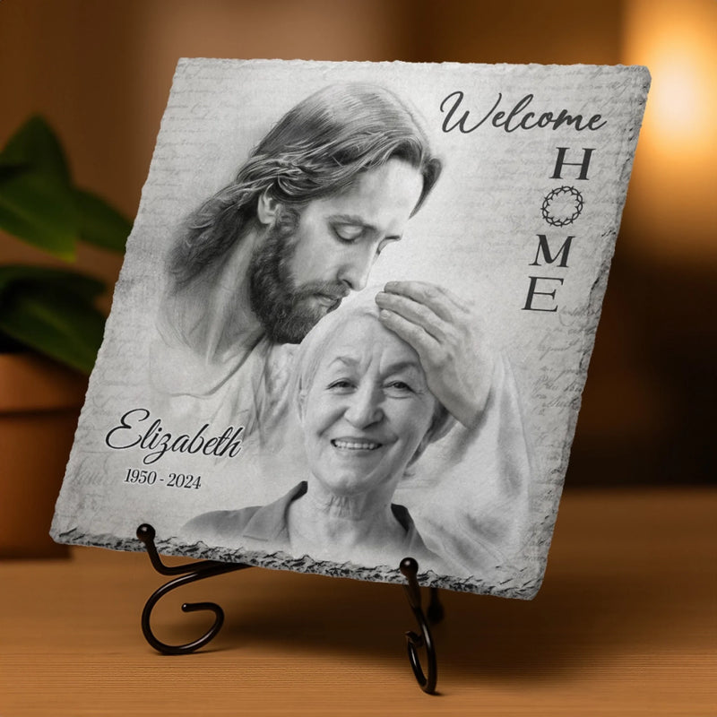 Custom Photo Welcome Home - Memorial Personalized Custom Square Shaped Stone With Stand - Sympathy Gift For Family Members