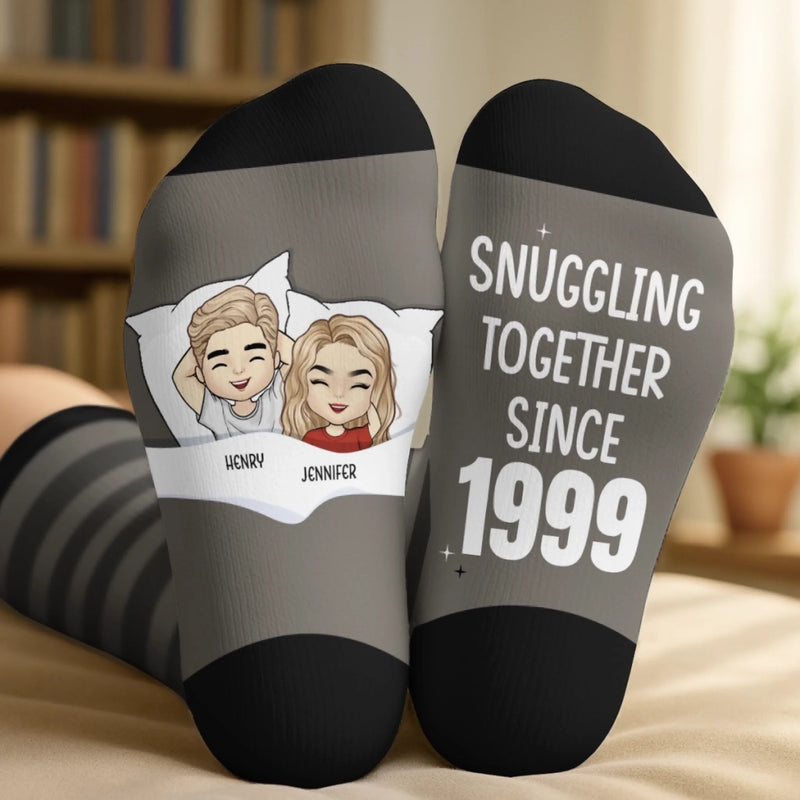 Custom Crew Socks - Personalized Anniversary Wedding Gifts For Husband And Wife, Him And Her - Snuggling Together Since