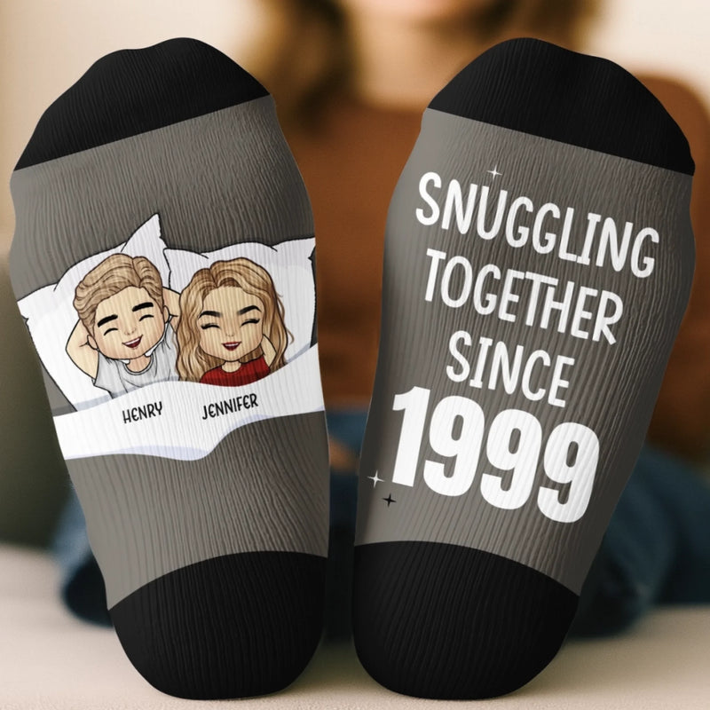 Custom Crew Socks - Personalized Anniversary Wedding Gifts For Couple - Him And Her - Snuggling Together Since
