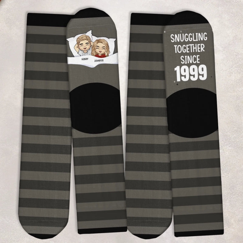 Custom Crew Socks - Personalized Anniversary Wedding Gifts For Couple - Him And Her - Snuggling Together Since