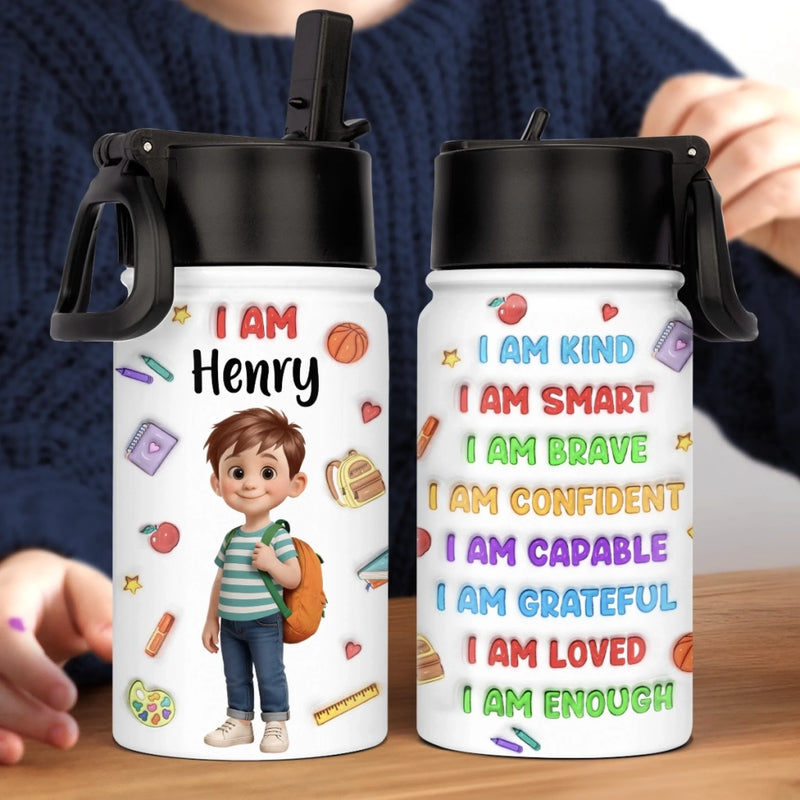 Custom 3D Inflated Effect Printed Kids Water Bottle - Personalized Back To School Gifts For Kids - I Am Brave Bold And Smart
