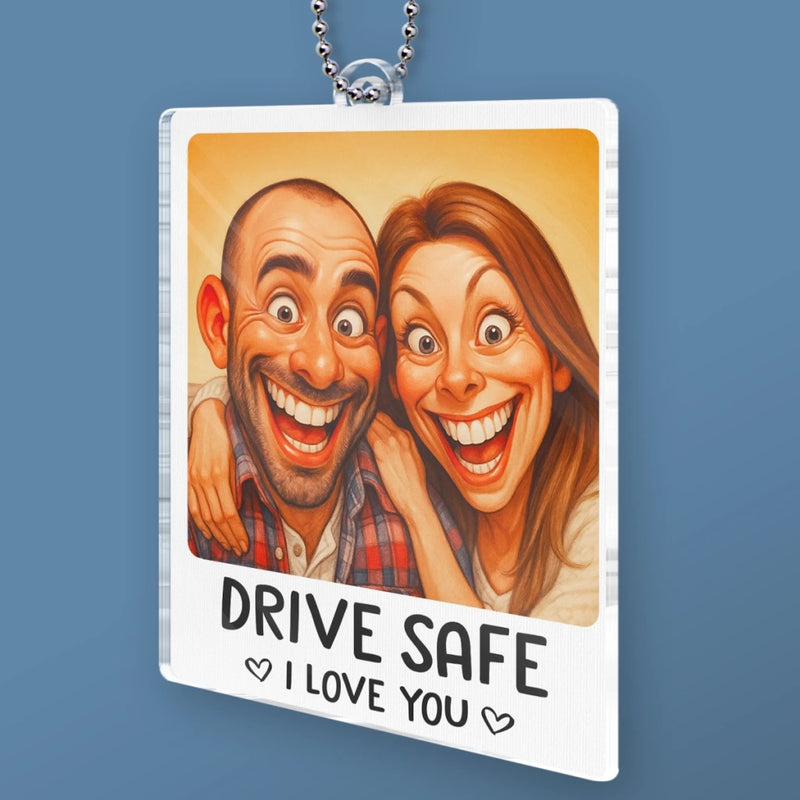 Custom Photo Funny Caricature Acrylic Car Ornament - Personalized Anniversary Wedding Gifts For Husband And Wife, Him And Her - Safe Driver, Happy Lover
