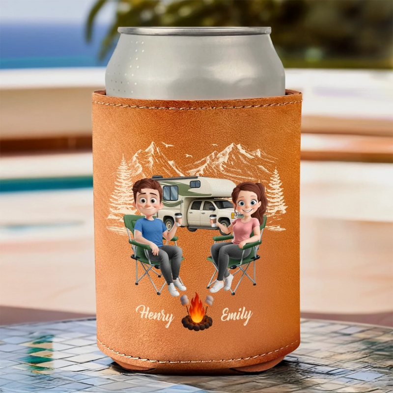 Custom Leather Can Cooler - Personalized Anniversary Wedding Gifts For Campers, Husband And Wife, Him And Her - Lost In The Woods, Found A Beer
