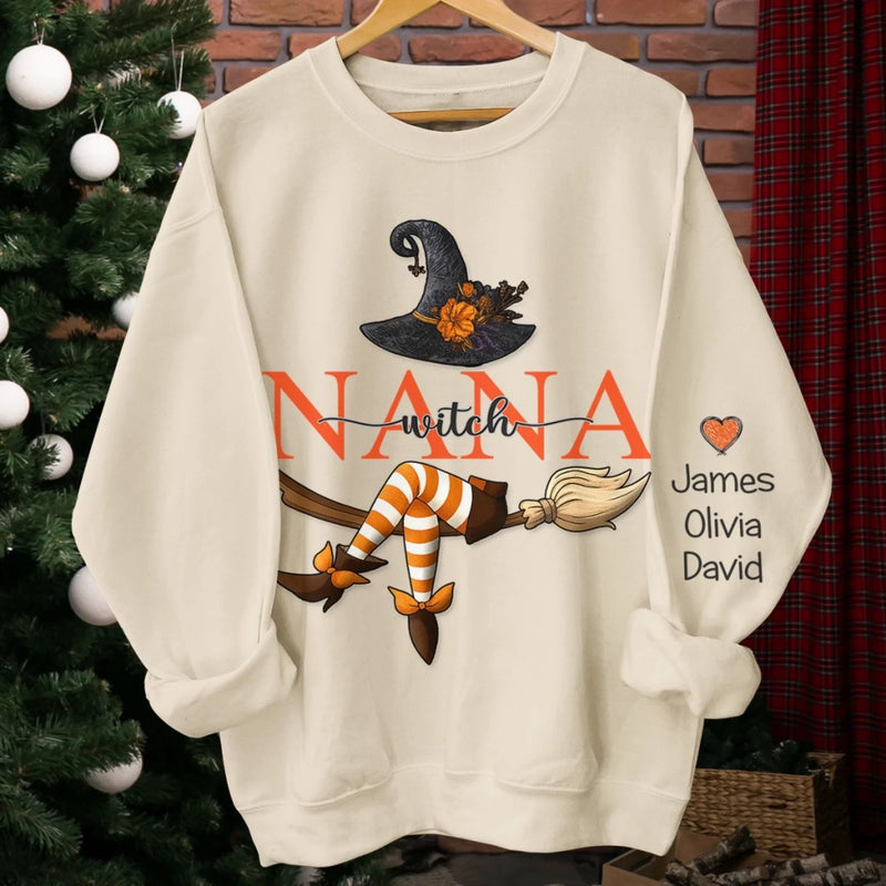 Custom Unisex Sweatshirt, Hoodie With Design On Sleeve - Personalized Halloween Birthday Gifts For Mom, Grandma - Bewitching Fun With Witchy Nana