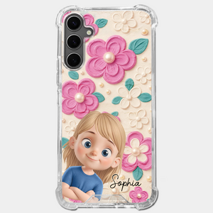 Coque de téléphone transparente personnalisée avec effet gonflé en 3D – Cadeaux d'anniversaire personnalisés pour maman et grand-mère – Fleurs et petits visages précieux