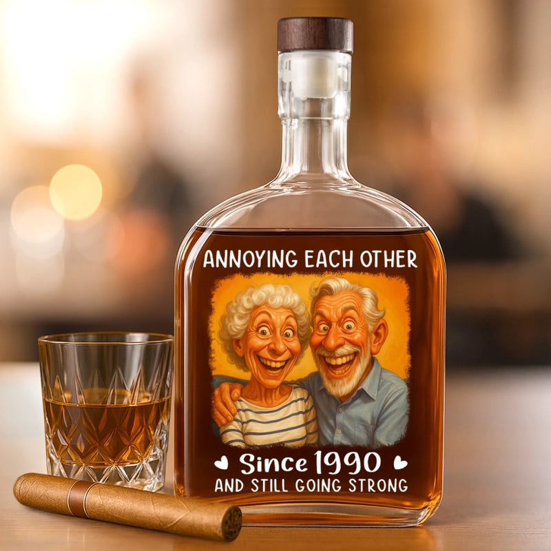 Custom Photo Funny Caricature Whiskey Bottle - Personalized Anniversary Wedding Gifts For Husband And Wife, Him And Her - Oldie But Goodie Duo