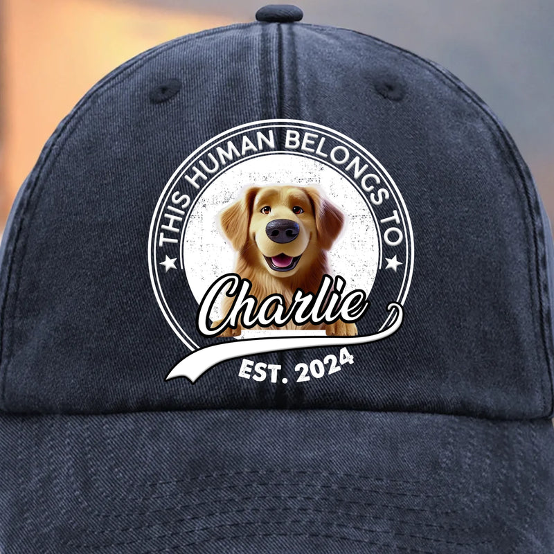 This Human Belongs To Me - Dog Personalized Custom Vintage Washed Denim Baseball Cap - Father's Day, Mother's Day, Gift For Mom, Dad, Pet Owners, Pet Lovers