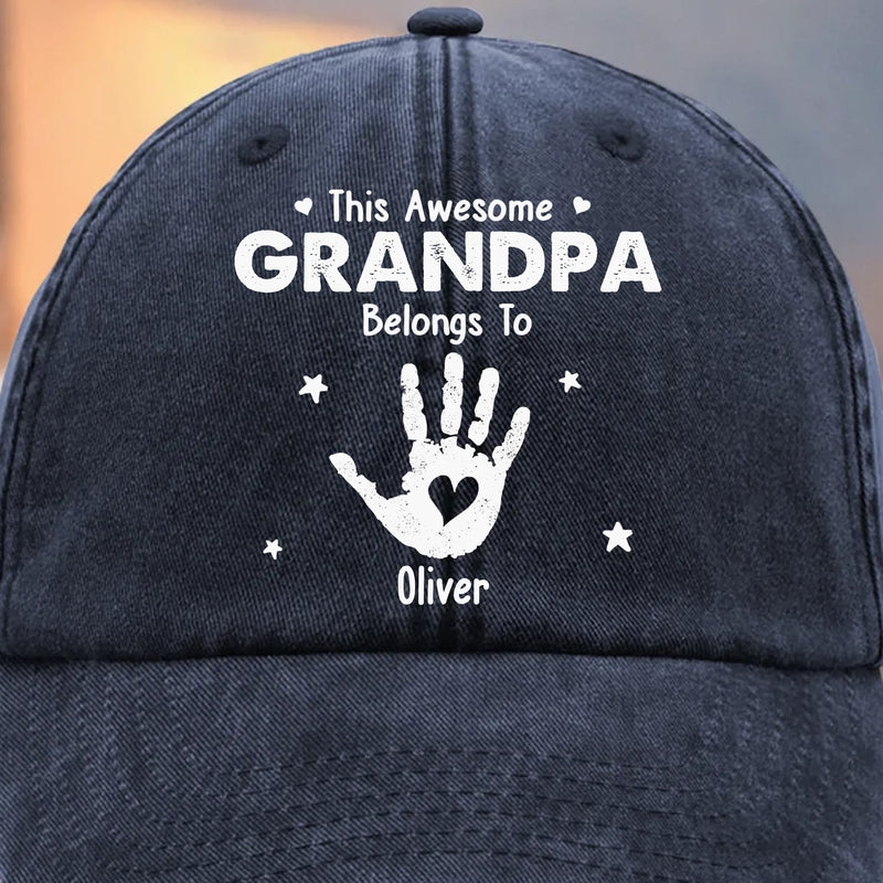 Custom Vintage Washed Denim Baseball Cap - Personalized Birthday Gifts For Dad, Grandpa - Proud Grandpa Of Little Hands