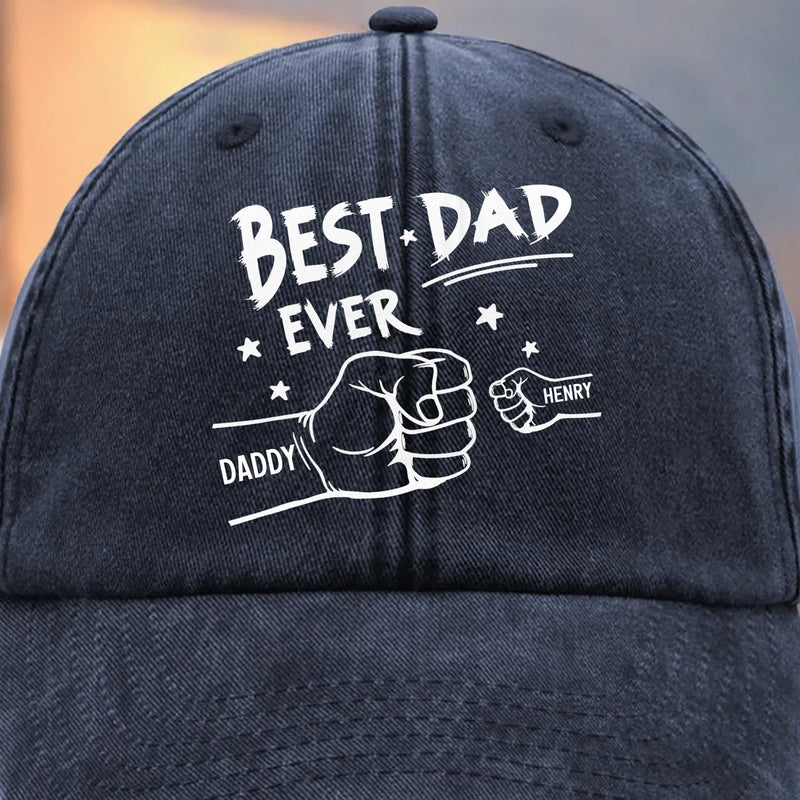 Hands Down, World's Best Dad - Family Personalized Custom Vintage Washed Denim Baseball Cap - Father's Day, Gift For Dad, Grandpa, Family Members