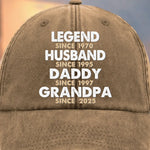 Built To Be A Legend - Family Personalized Custom Vintage Washed Denim Baseball Cap - Father's Day, Gift For Dad, Grandpa