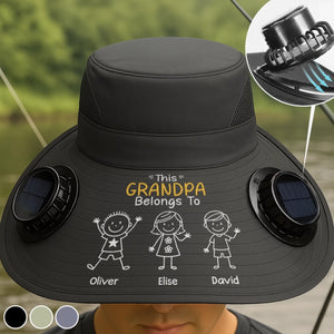Custom Hat With Fans Solar Power - Personalized Birthday Fishing Gifts For Fisherman, Dad, Grandpa - Grandpa Belongs To Kids