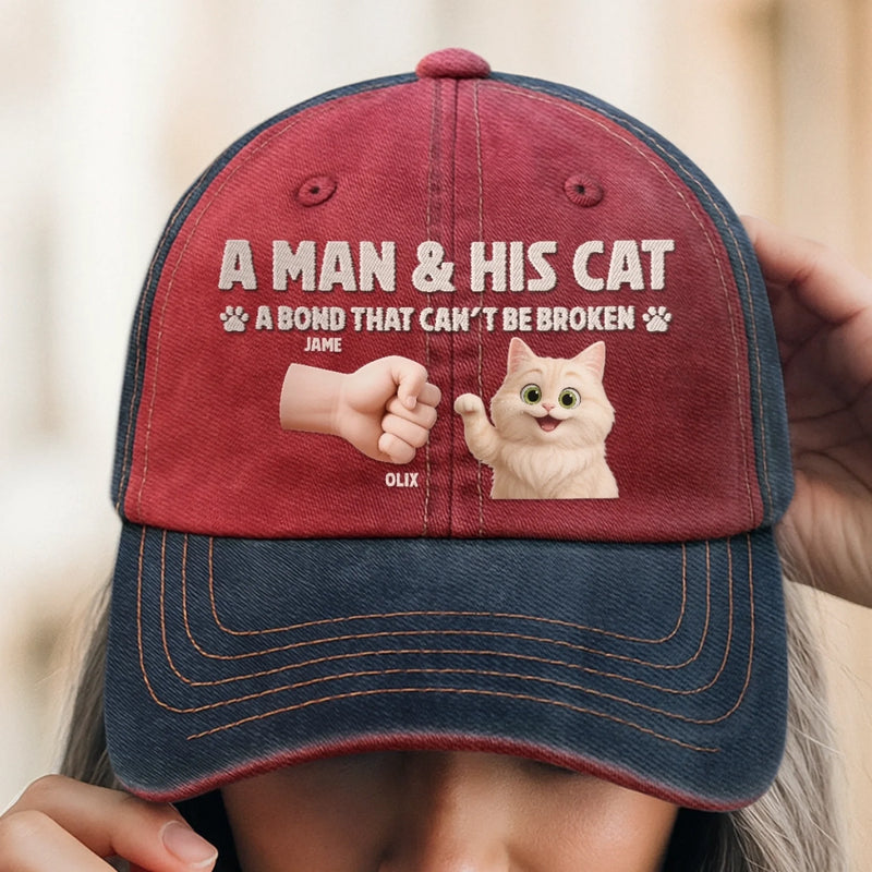 Custom Embroidered Effect Washed Denim Baseball Cap - Personalized Birthday Gifts For Cat Lovers, Cat Mom And Dad - Cat Dad Vibes Only