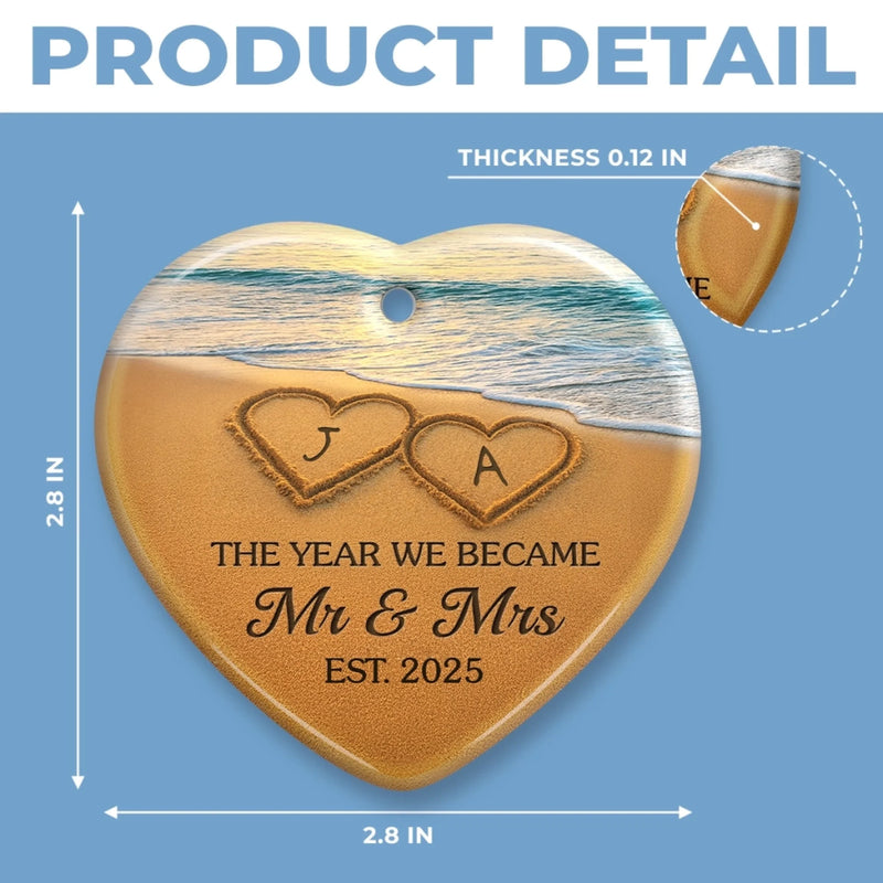 Custom Ceramic Ornament - Personalized Anniversary Christmas Wedding Gifts For Husband And Wife, Him And Her - Our Happily Ever After, Set In Sand