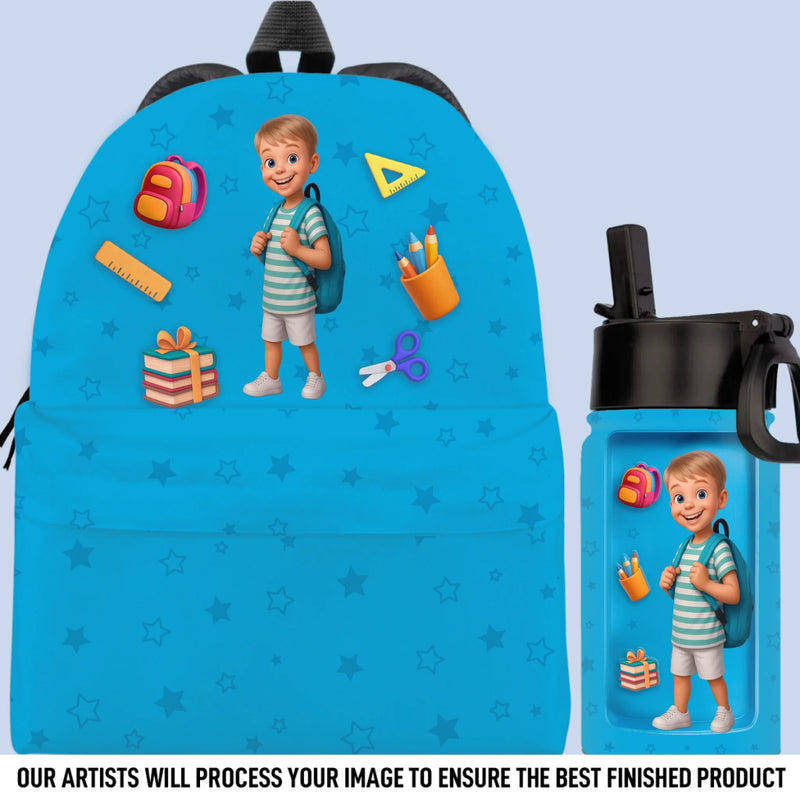 Custom Photo Kids Backpack, Water Bottle, Lunch Bag - Personalized Back To School Gifts For Kids - Hydrate For Learning And Play