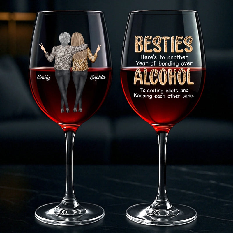 Custom Stemmed Wine Glass - Personalized Best Friend Birthday Gifts For Women, Besties, Sisters, BFF - Sip Happens, Besties Forever