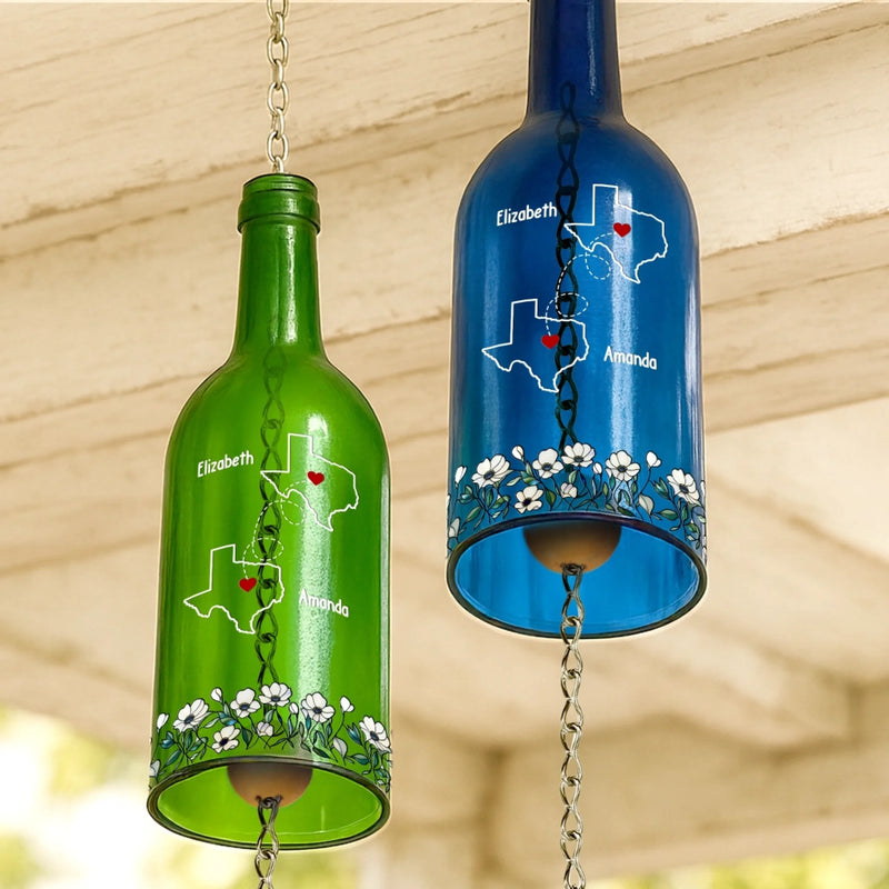 Custom Long Distance Wine Bottle Wind Chime - Personalized Best Friend Birthday Gifts For Women, Besties, Sisters, BFF - Far But Always In Heart