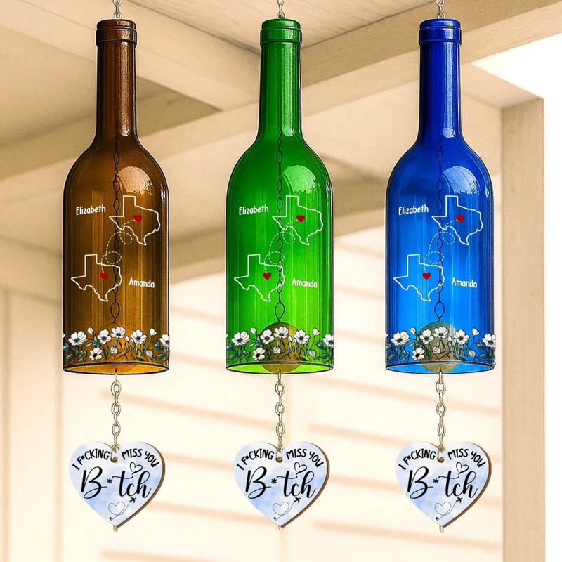 Custom Long Distance Wine Bottle Wind Chime - Personalized Best Friend Birthday Gifts For Women, Besties, Sisters, BFF - Far But Always In Heart