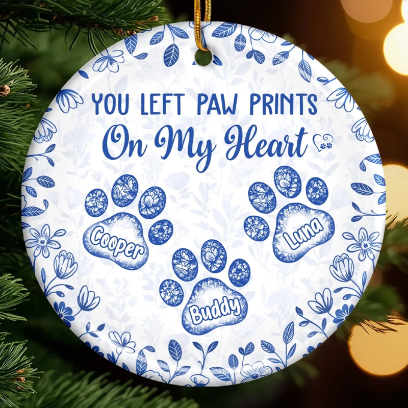 Custom Ceramic Ornament - Personalized Christmas Memorial Sympathy Gifts For Dogs, Cats - Paw Prints Etched In Love