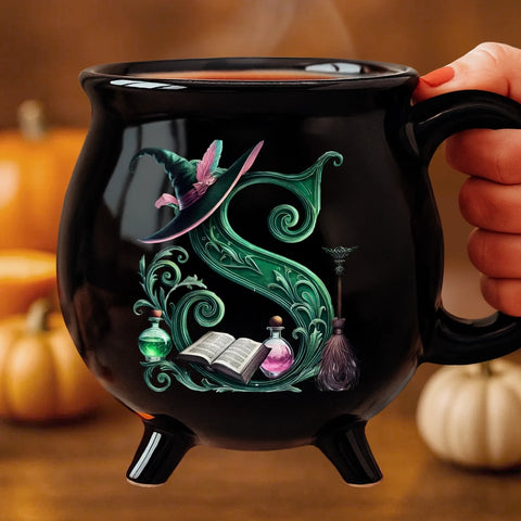 Custom 12oz Ceramic Cauldron Coffee Mug - Personalized Halloween Witchy Gifts For Besties, Sisters, BFF, Family, Yourself - Just A Witch, Sipping On Trouble