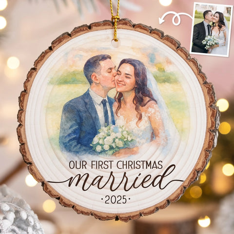 Custom Photo Wooden Ornament - Personalized Anniversary Christmas Wedding Gifts For Husband And Wife, Him And Her - Love Carved In Time