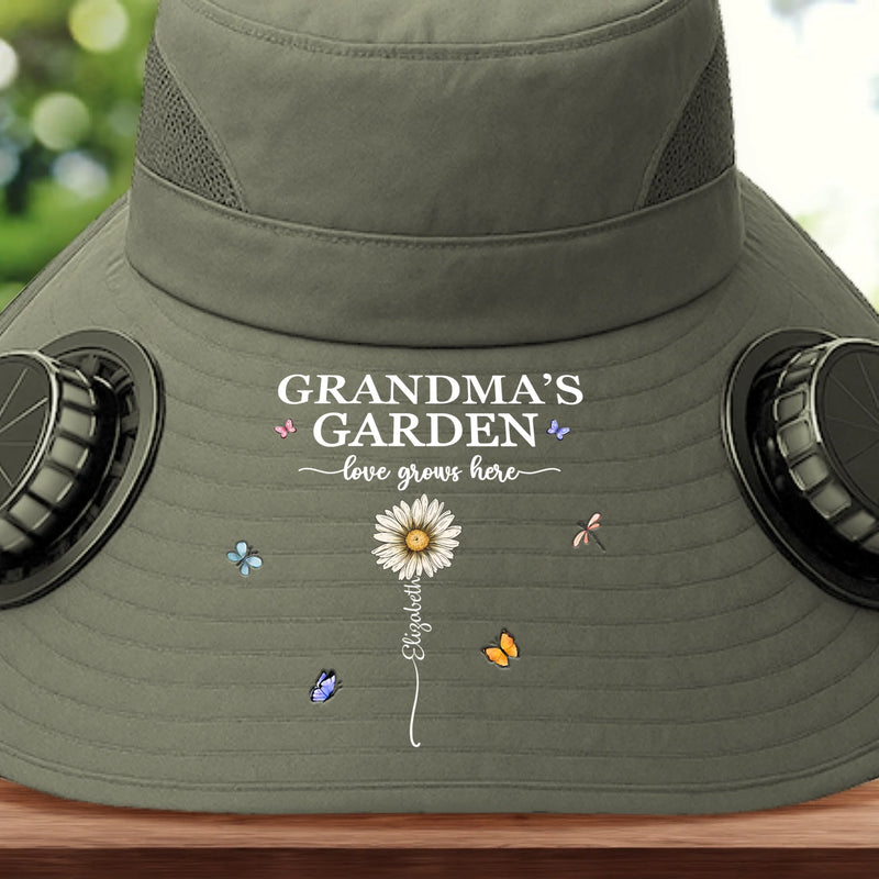 Custom Hat With Fans Solar Power - Personalized Garden Gifts For Grandma, Gardeners, Mom - Garden Of Love And Legacy