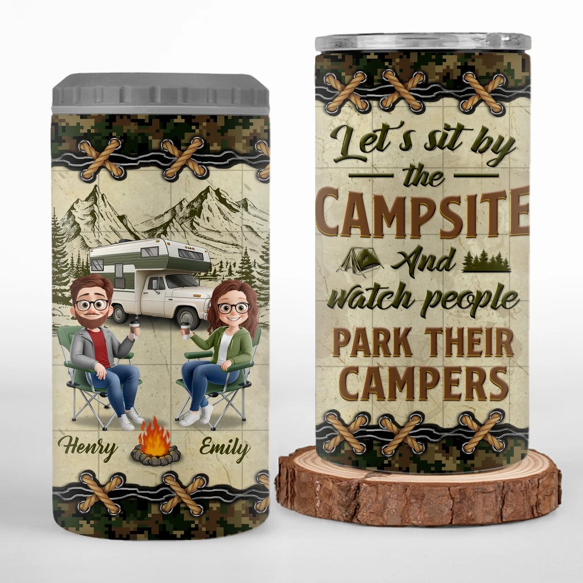 Adventure, Love, And A Campfire - Camping Personalized Custom 4 In 1 Can Cooler Tumbler - Gift For Couple, Husband Wife, Camping Lovers
