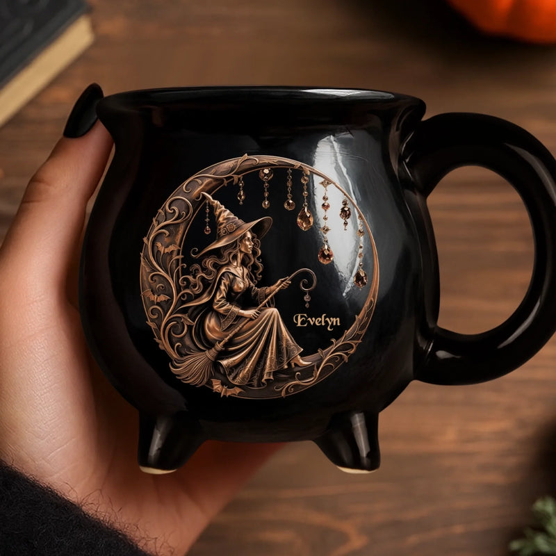 Custom 12oz Ceramic Cauldron Coffee Mug - Personalized Halloween Witchy Gifts For Besties, Sisters, BFF, Family, Yourself - Moonlit Witch Magic