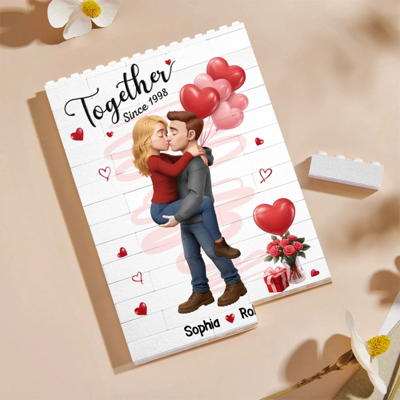 Custom Romantic Kissing Couple Vertical Rectangle Shaped Building Brick Blocks - Personalized Anniversary Wedding Gifts For Husband And Wife, Him And Her - Love In Every Piece