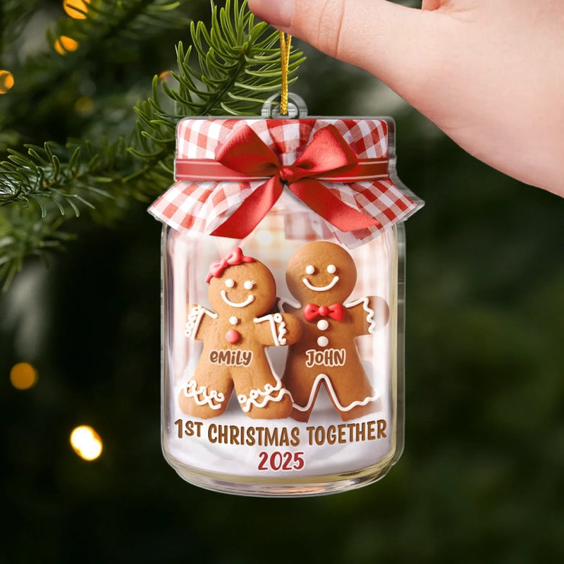 Custom First Christmas Acrylic Ornament - Personalized Anniversary Christmas Wedding Gifts For Husband And Wife, Him And Her - Gingerbread Hearts Together