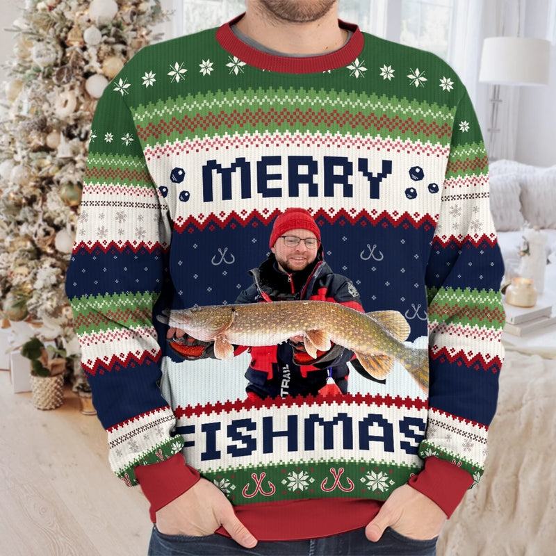 Custom Photo Unisex Ugly Sweatshirt - Personalized Christmas Birthday Fishing Gifts For Fisherman - Merry Fishman