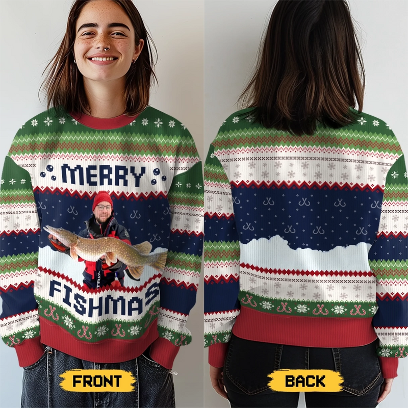 Custom Photo Unisex Ugly Sweatshirt - Personalized Christmas Birthday Fishing Gifts For Fisherman - Merry Fishman