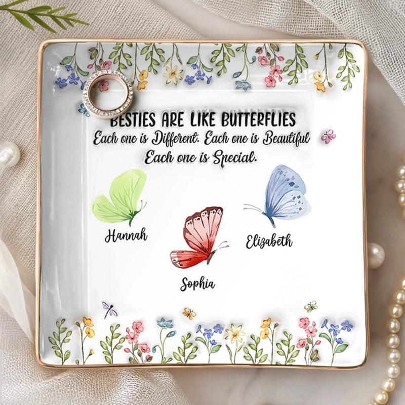 Custom Butterfly Full-Print Jewelry Dish - Personalized Best Friend Birthday Gifts For Women, Besties, Sisters, BFF  - Friends Are Flowers That Never Fade