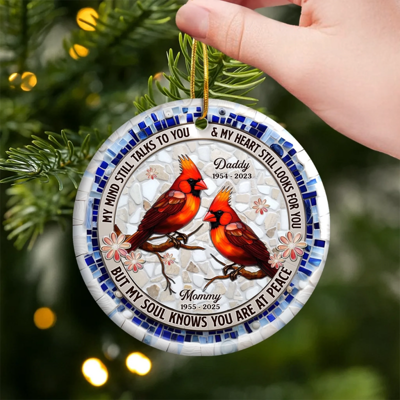 Custom Cardinal Ceramic Ornament - Personalized Christmas Memorial Sympathy Gifts For Loss Of Mom, Dad - Remembered With Love Through Time