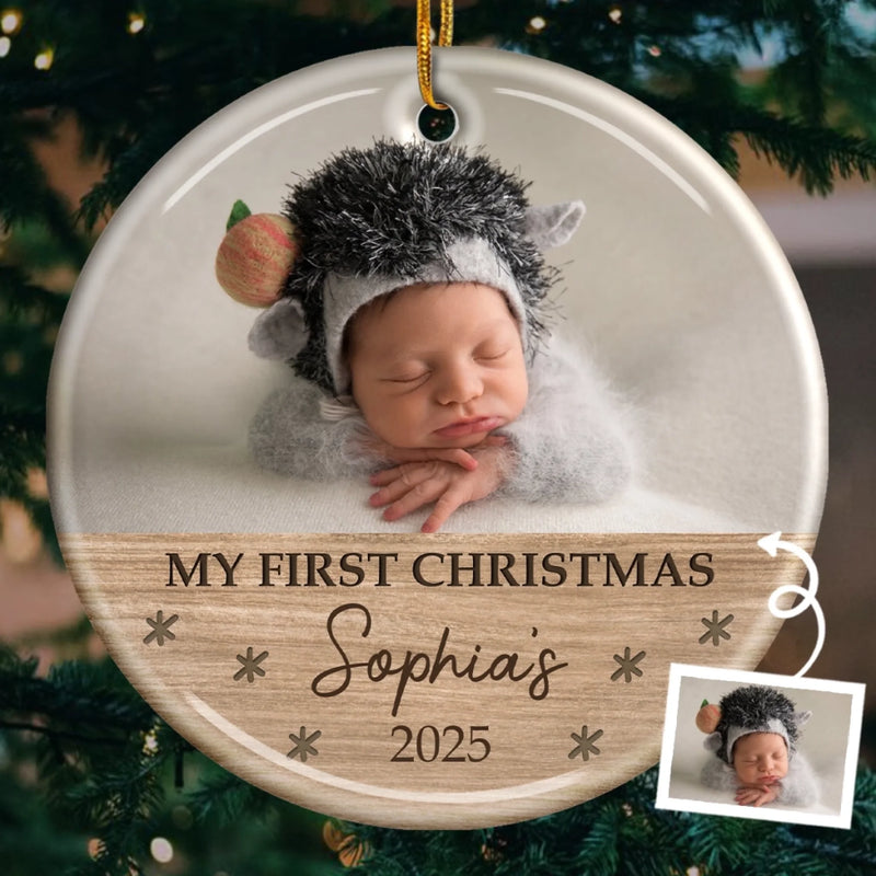 Custom Photo Baby First Christmas Ceramic Ornament - Personalized Christmas Baby Shower, Gifts For New Moms, New Dads, New Parents - Small Hands Big Christmas Magic