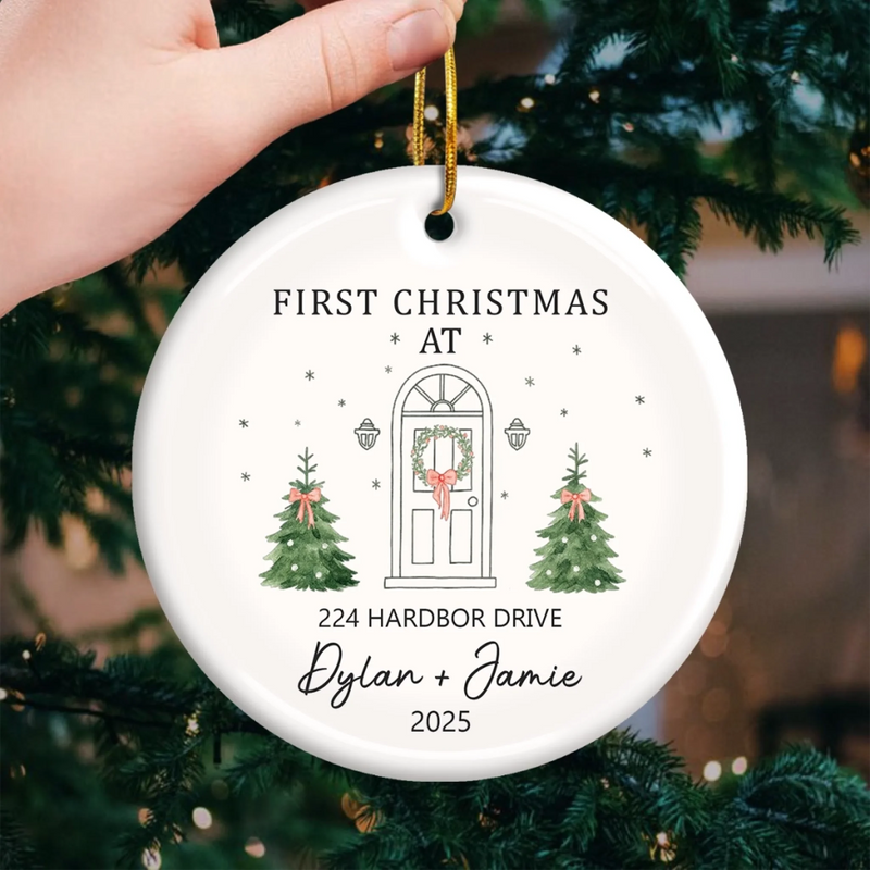 Custom First Christmas In New Home Ceramic Ornament - Personalized Anniversary Christmas Wedding Gifts For Husband And Wife, Him And Her, New Homeowners, Couples, Friends - Our Forever Beginning