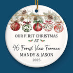 Custom First Christmas In New Home Ceramic Ornament - Personalized Anniversary Christmas Wedding Gifts For Husband And Wife, Him And Her, New Homeowners, Couples, Friends - Our Story Begins At Home