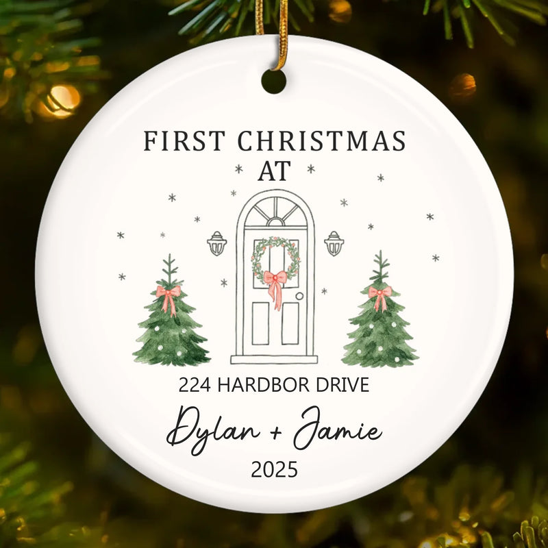 Custom First Christmas In New Home Ceramic Ornament - Personalized Anniversary Christmas Wedding Gifts For Husband And Wife, Him And Her, New Homeowners, Couples, Friends - Our Forever Beginning