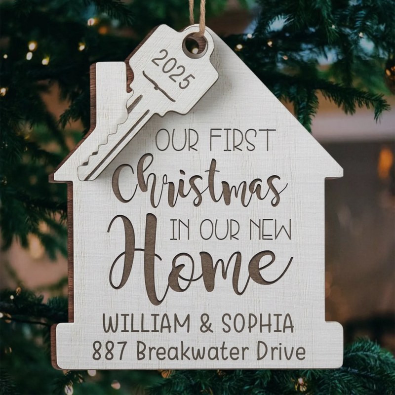 Custom First Christmas In New Home Wood Ornament - Personalized Anniversary Christmas Wedding Gifts For Husband And Wife, Him And Her, New Homeowners, Couples, Friends - Our Story Begins Here