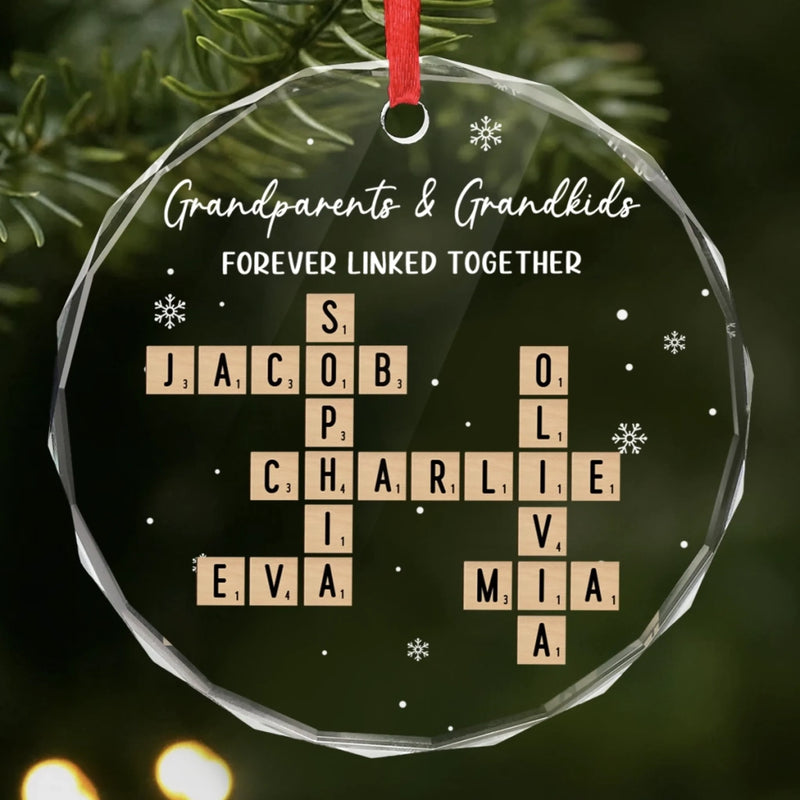 Custom Scrabble Circle Glass Ornament - Personalized Christmas Birthday Gifts For Grandpa, Grandma - Family Joy Shines Here